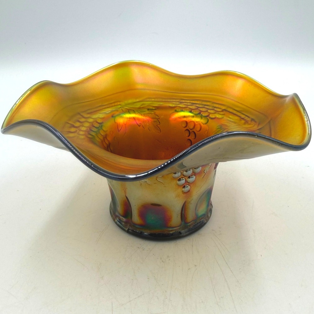 Antique Northwood Grape and Cable Marigold Carnival Glass Ruffled Bowl N Mark